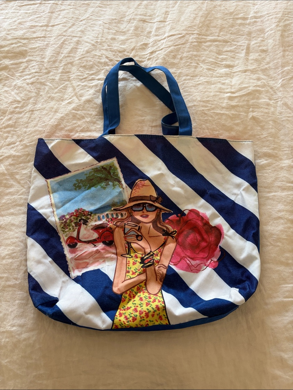 Lancôme Striped Navy & White Canvas Tote with Beach Girl Print